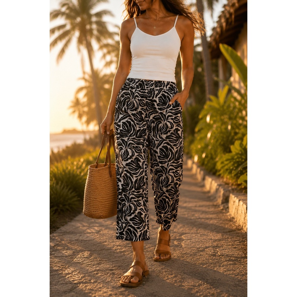Nicole Miller Linen‎ Wide Leg Tropical Leaf Pants M